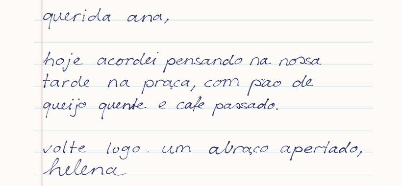 Exemplo de página manuscrita gerada pelo Caligraf.ia: uma carta em letra cursiva sobre papel pautado